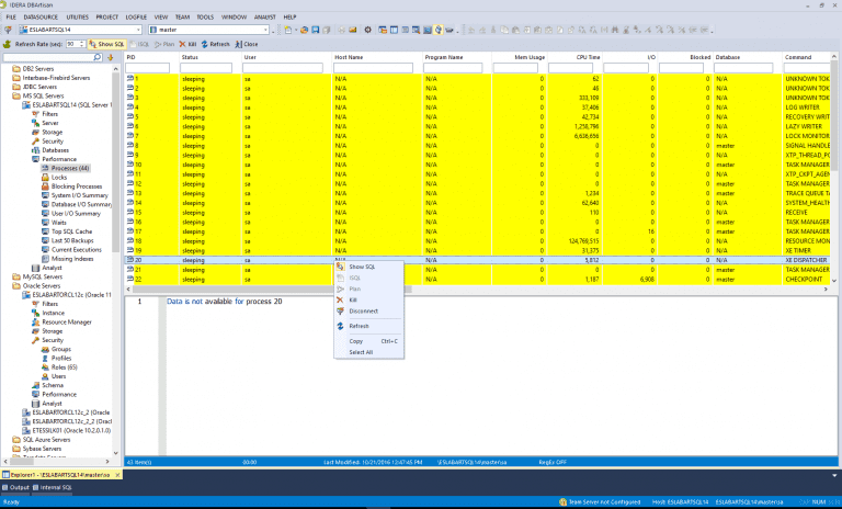 Interfaz de usuario de DBArtisan Process Monitor