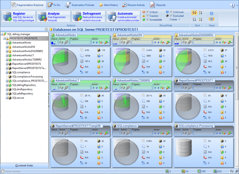 Una captura de pantalla del SQL Defrag Manager en acción