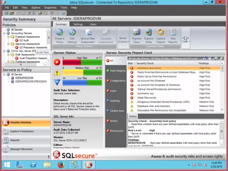 Interfaz de SQLsecure de IDERA mostrando evaluación de riesgos de seguridad en servidores SQL