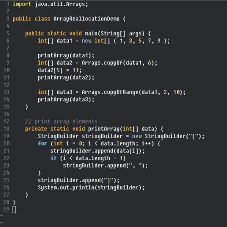 Fragmento de código Java que muestra manipulación de arreglos, ilustrando paradigmas de programación imperativos
