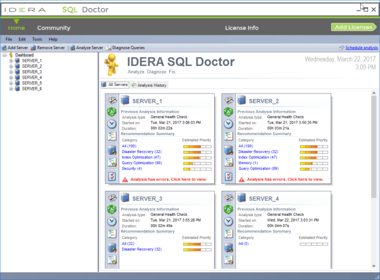 Captura de pantalla de la interfaz de usuario de SQL Doctor mostrando diagnósticos de rendimiento de la base de datos