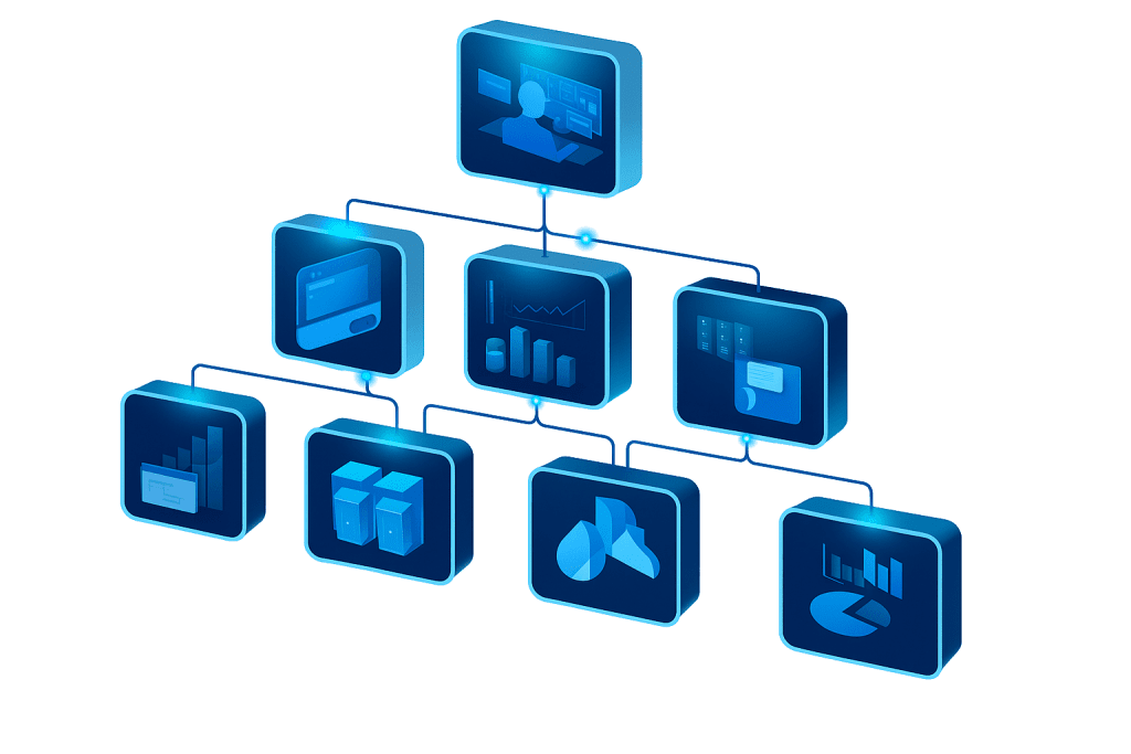 Diagrama jerárquico de modelado de datos en ER/Studio con íconos de análisis, infraestructura y gestión de información