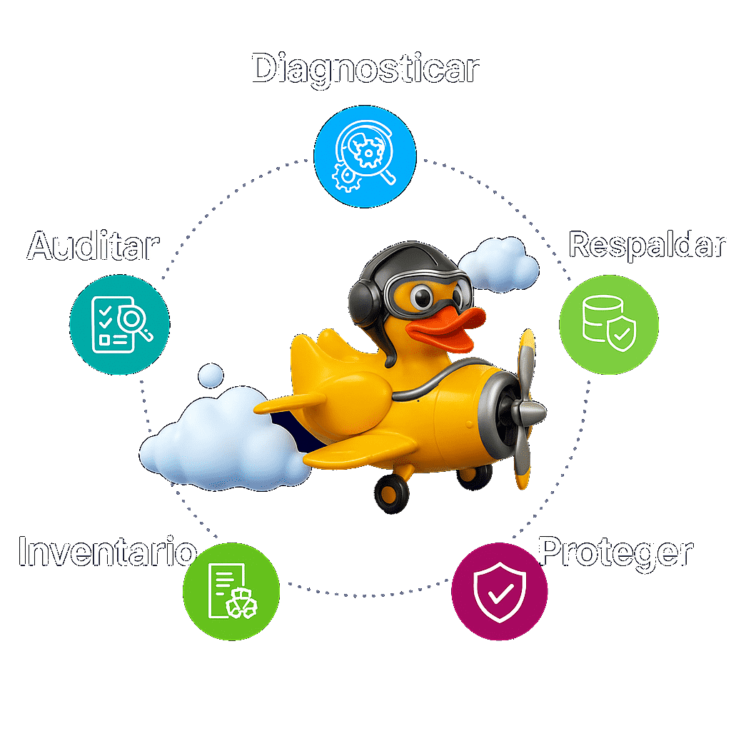 Ilustración de pato piloto en avión con iconos que representan funciones para bases de datos: diagnosticar, auditar, respaldar, inventario y proteger.