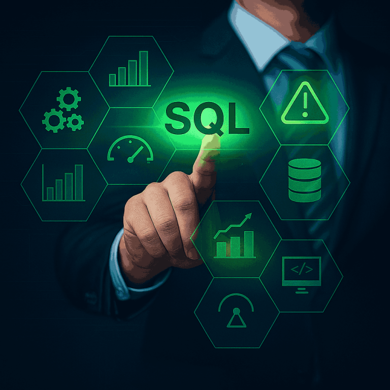 Interfaz futurista con íconos de rendimiento y un holograma SQL, usada para ilustrar técnicas de optimización de consultas SQL.