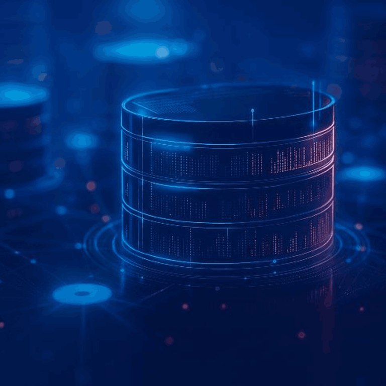 Ilustración futurista con bases de datos digitales y efectos en tonos azul neón, representando actividad y métricas de SQL Server.