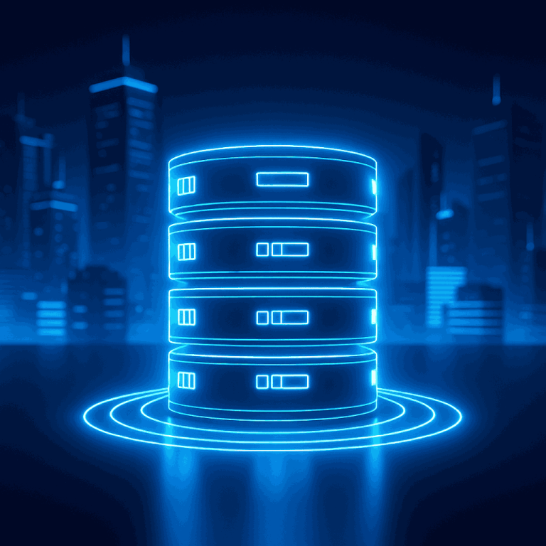 Icono holográfico de servidor con anillos de observabilidad en tonos neón azul y cian, representando monitoreo de bases de datos en SQL Server.
