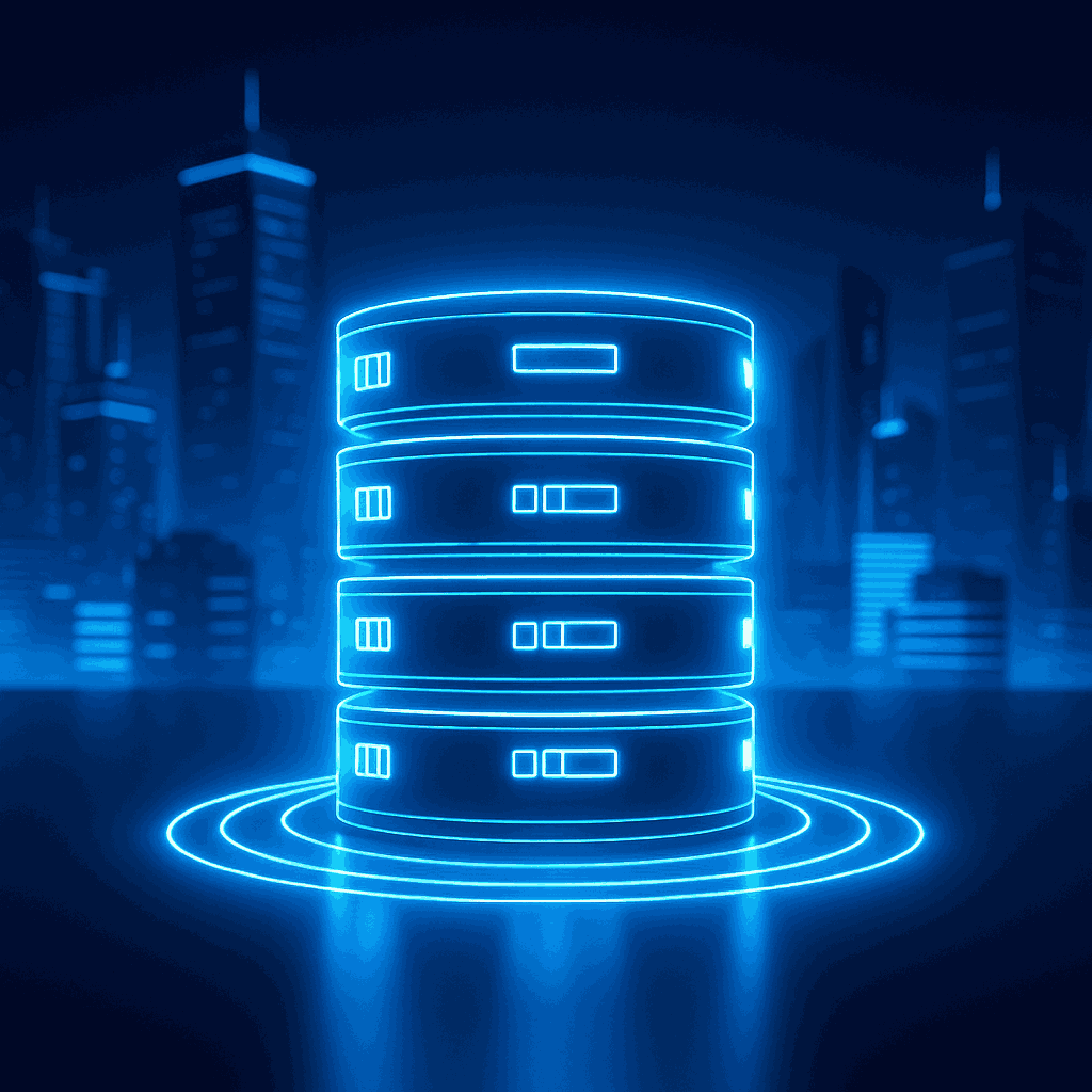 Icono holográfico de servidor con anillos de observabilidad en tonos neón azul y cian, representando monitoreo de bases de datos en SQL Server.