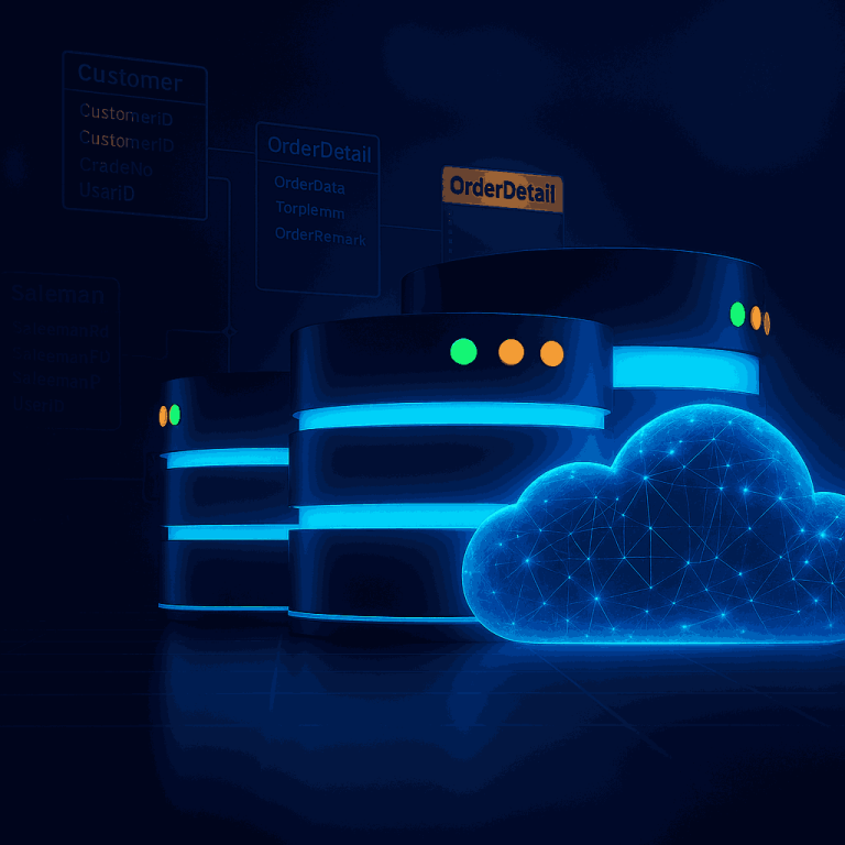 Servidores de datos y nube digital en color azul que representan el monitoreo de SQL Server en la nube.