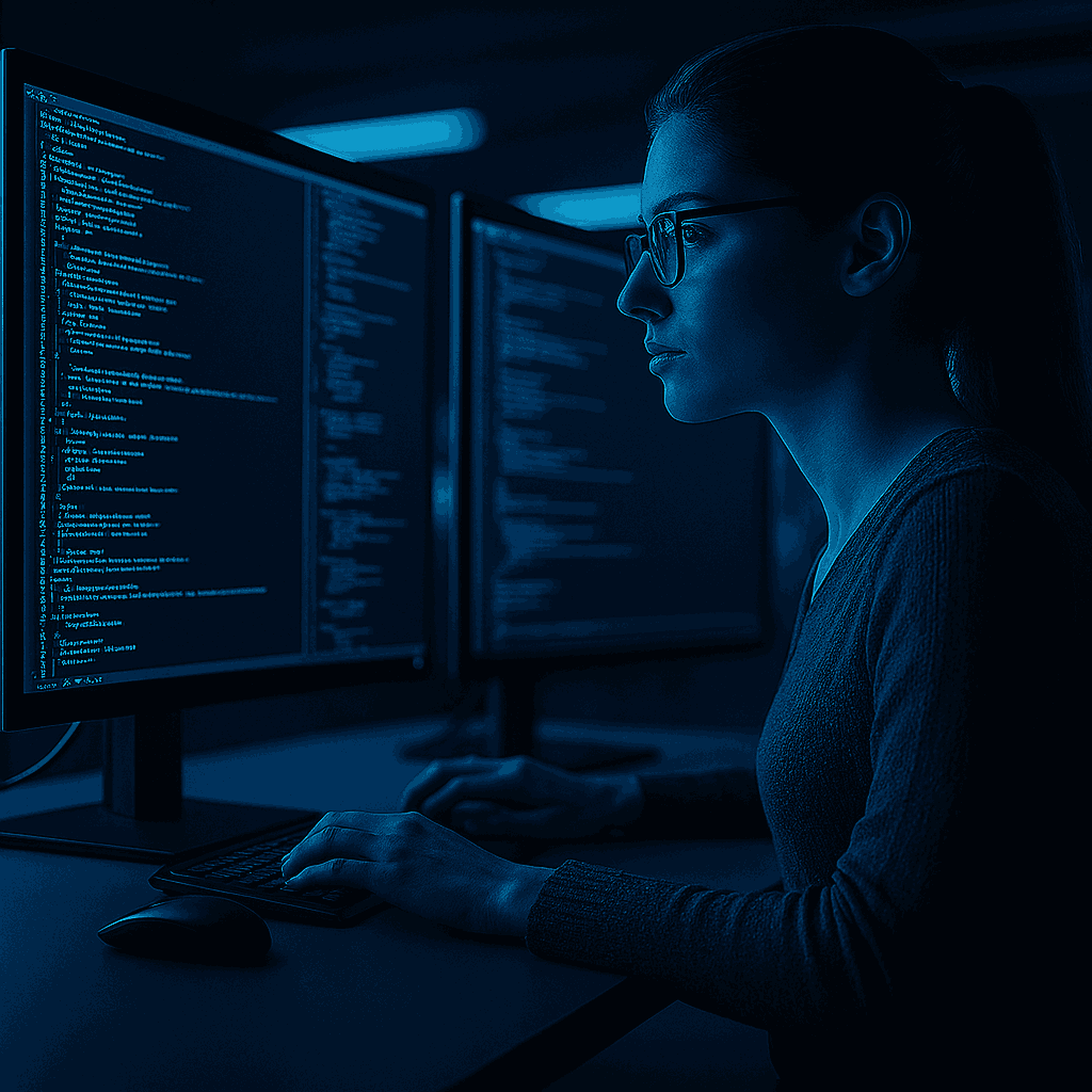 Persona trabajando en un entorno tecnológico frente a pantallas con código y gráficos en tonos azul cian y verde, representando análisis y optimización del rendimiento en SQL Server.