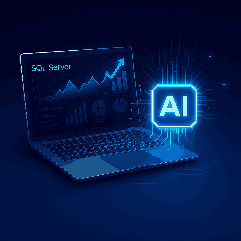 Ilustración de una laptop con gráficos de SQL Server y un chip de inteligencia artificial que representa optimización del rendimiento con IA.