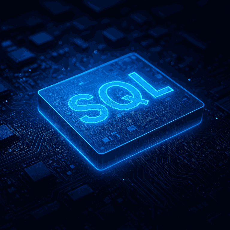 Chip SQL integrado en una placa tecnológica iluminada en tonos azules, representando el diagnóstico y rendimiento de SQL Server