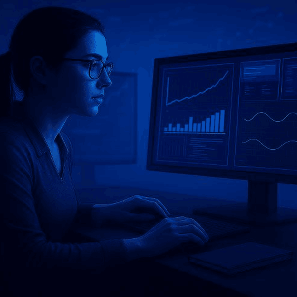 nalista monitoreando métricas de rendimiento en SQL Server en un entorno futurista