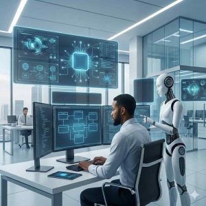 ilustración de datos desorganizados transformándose en un modelo de datos estructurado para inteligencia artificial