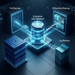 Comparación de backups completos, diferenciales y de logs en SQL Server para optimizar la protección y recuperación de datos.