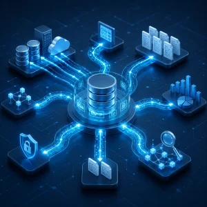 Catálogo de datos empresarial que muestra activos de información, metadatos y relaciones entre sistemas corporativos.
