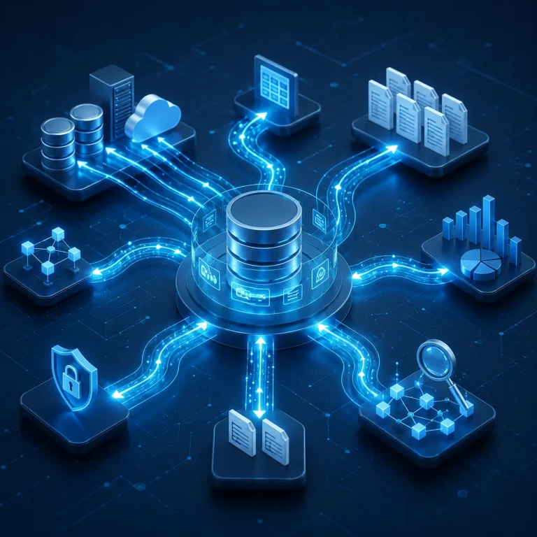 Catálogo de datos empresarial que muestra activos de información, metadatos y relaciones entre sistemas corporativos.
