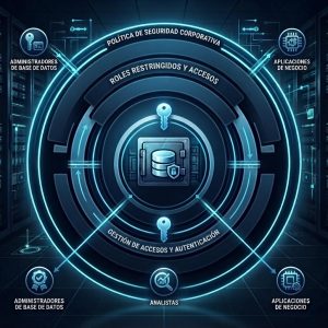 Control de accesos y gestión de permisos en SQL Server mediante roles restringidos y protección de información empresarial.