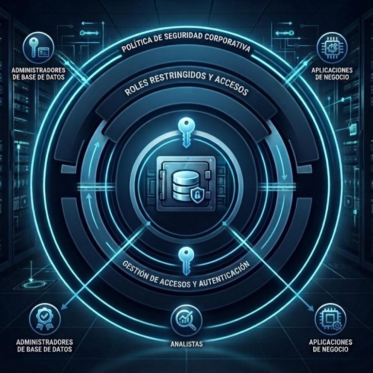 Control de accesos y gestión de permisos en SQL Server mediante roles restringidos y protección de información empresarial.
