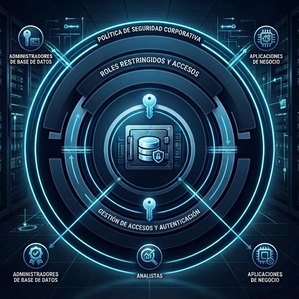 Control de accesos y gestión de permisos en SQL Server mediante roles restringidos y protección de información empresarial.