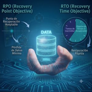 Infografía de RPO y RTO en SQL Server que explica cómo minimizar la pérdida de datos y el tiempo de inactividad mediante estrategias de respaldo y recuperación.