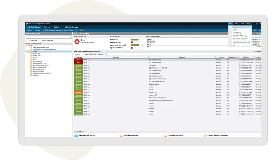 Panel de SQL Safe Backup que muestra la administración de respaldos, restauraciones y tareas de protección de bases de datos SQL Server.