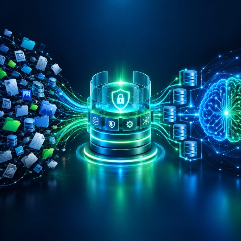 Gobernanza de datos organizando múltiples fuentes de información para alimentar sistemas de inteligencia artificial de forma confiable.