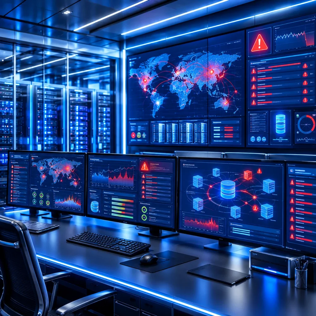 Centro de monitoreo de TI con alertas críticas y paneles de rendimiento que muestran el impacto del monitoreo reactivo en la disponibilidad de los servicios.