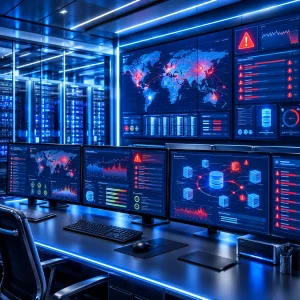 Centro de monitoreo de TI con alertas críticas y paneles de rendimiento que muestran el impacto del monitoreo reactivo en la disponibilidad de los servicios.