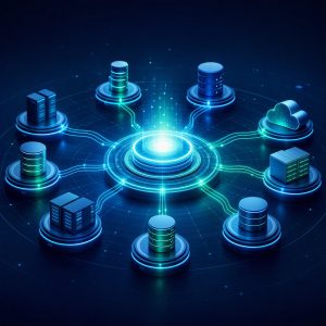 Ecosistema de datos empresarial conectado a una plataforma central que representa confianza, disponibilidad y calidad de la información.