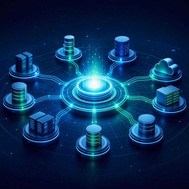 Ecosistema de datos empresarial conectado a una plataforma central que representa confianza, disponibilidad y calidad de la información.