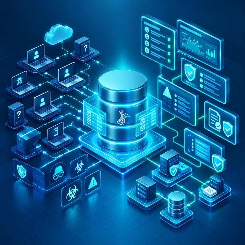 Base de datos SQL Server conectada a múltiples usuarios y sistemas con monitoreo de accesos, auditoría de actividades y controles de seguridad para reducir riesgos y fortalecer el cumplimiento normativo.