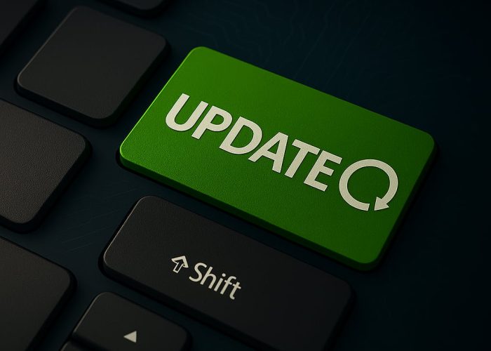 Botón de actualización estilo moderno Botón verde manzana con la palabra UPDATE sobre fondo tecnológico